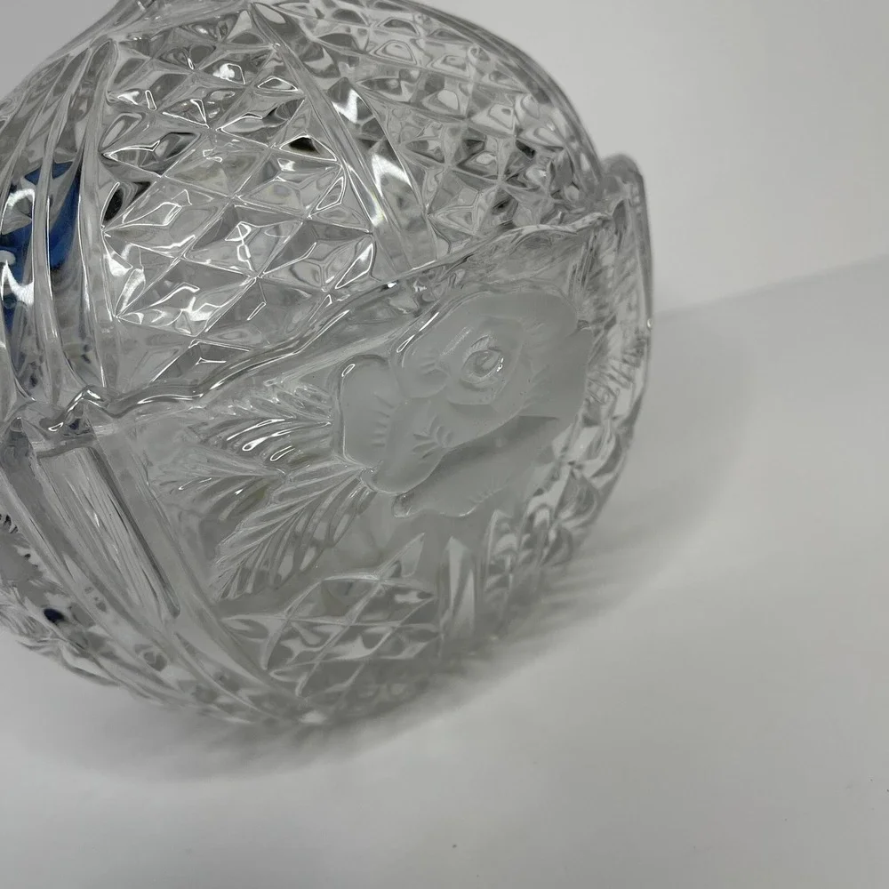 24% Crystal‎ Vintage Oval Candy Dish w/ Lid Glass Etched West Germany Floral
